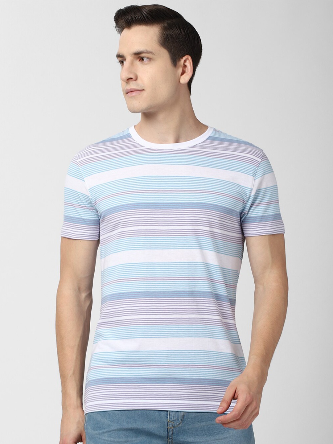 

Peter England Casuals Men Multicoloured Striped Slim Fit Pure Cotton T-shirt, Multi