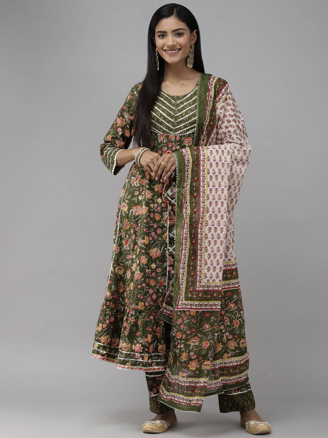 

Yufta Women Green Floral Printed Panelled Pure Cotton Kurta Set
