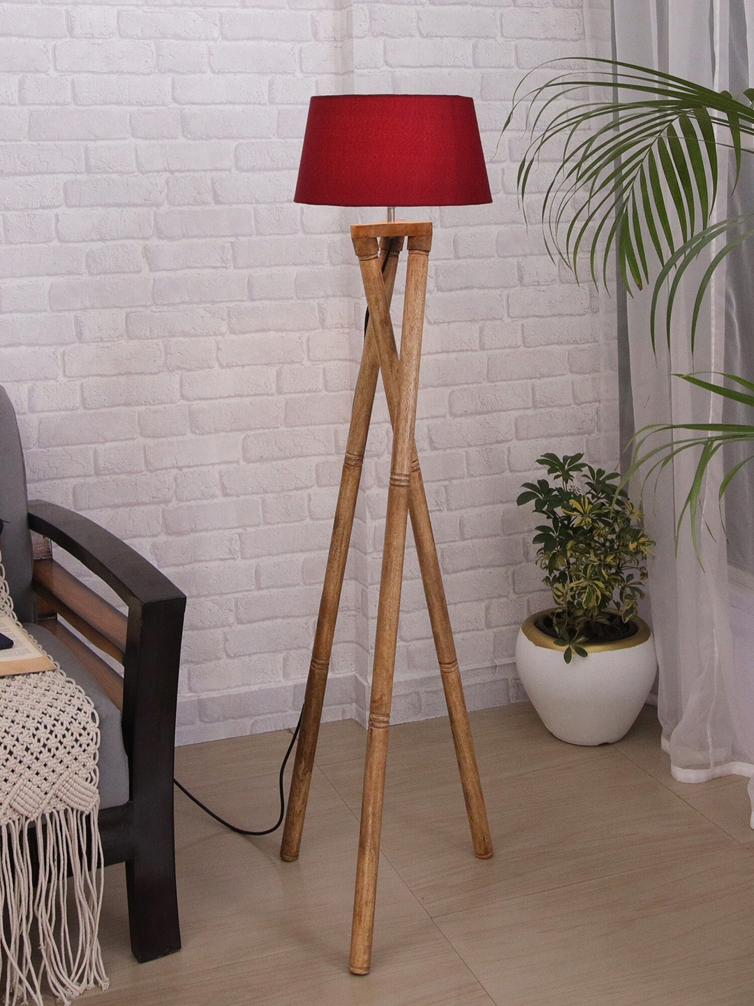 

Homesake Red Shade Cross-Leg Wooden Tripod Floor Lamp