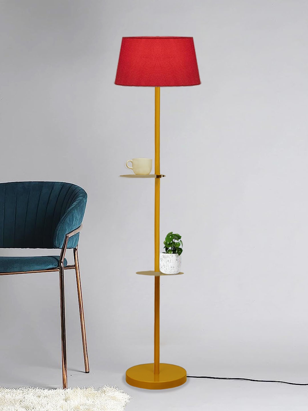 Homesake Red & Gold-Toned Duo Shelf Contemporary Metal Floor Lamp