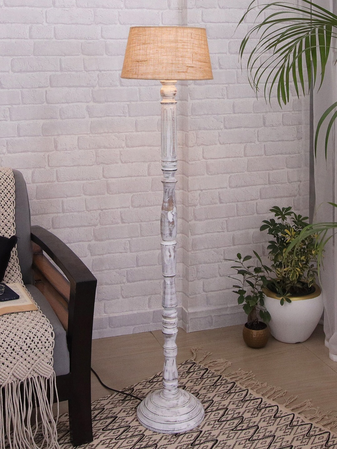 

Homesake Jute Shade & Wooden Antique White Candlestick Floor lamp, Brown
