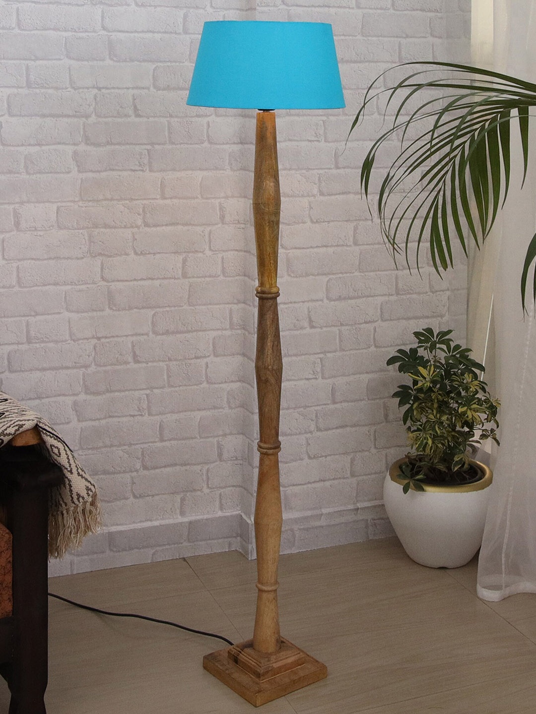 

Homesake Turquoise Blue & Brown Wood Candlestick Floor Lamp With Drum Shade