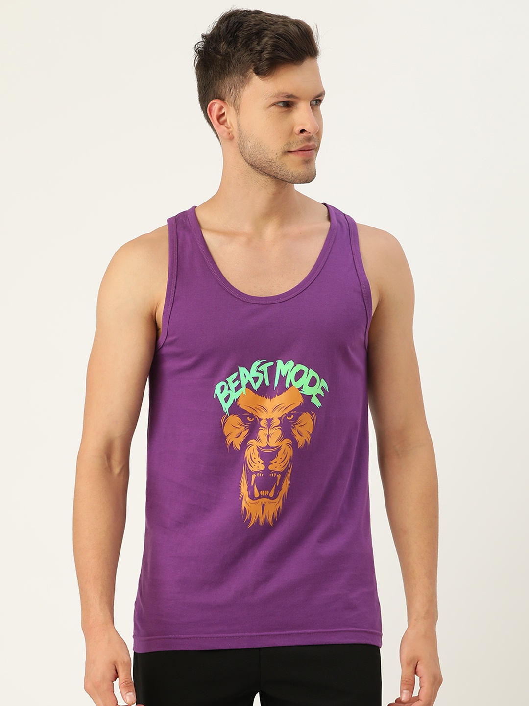 

ROMEO ROSSI Men Purple & Green Printed Pure Cotton Gym Vest