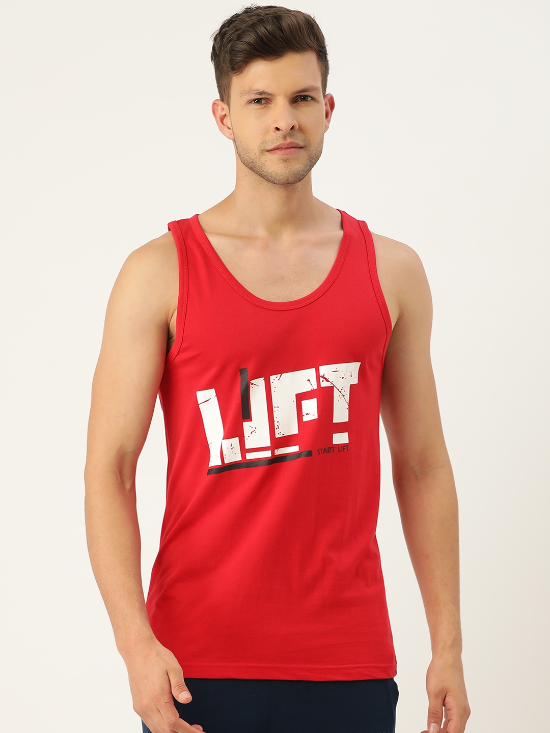 

ROMEO ROSSI Men Red & White Typography Pure Cotton Gym Vest
