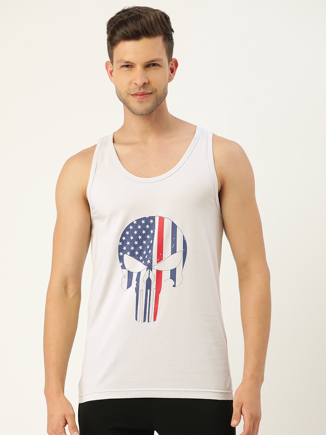 

ROMEO ROSSI Men Grey & Blue Printed Pure Cotton Gym Vest