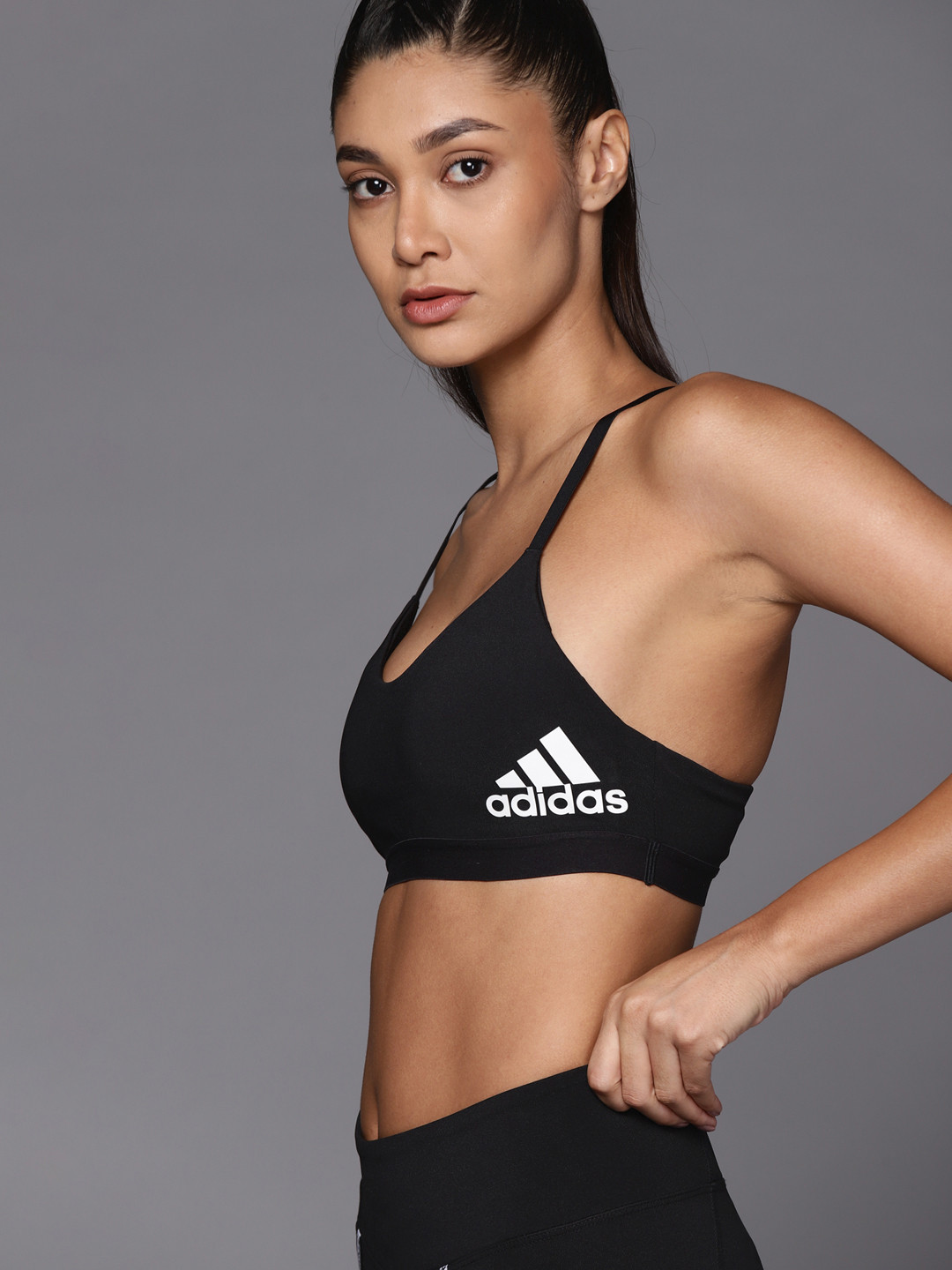 

ADIDAS Black Brand Logo Printed Bra Lightly Padded Racerback Training Sports Bra