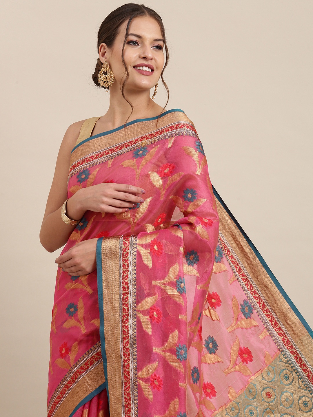 

PERFECTBLUE Pink & Gold Floral Silk Blend Kanjeevaram Saree