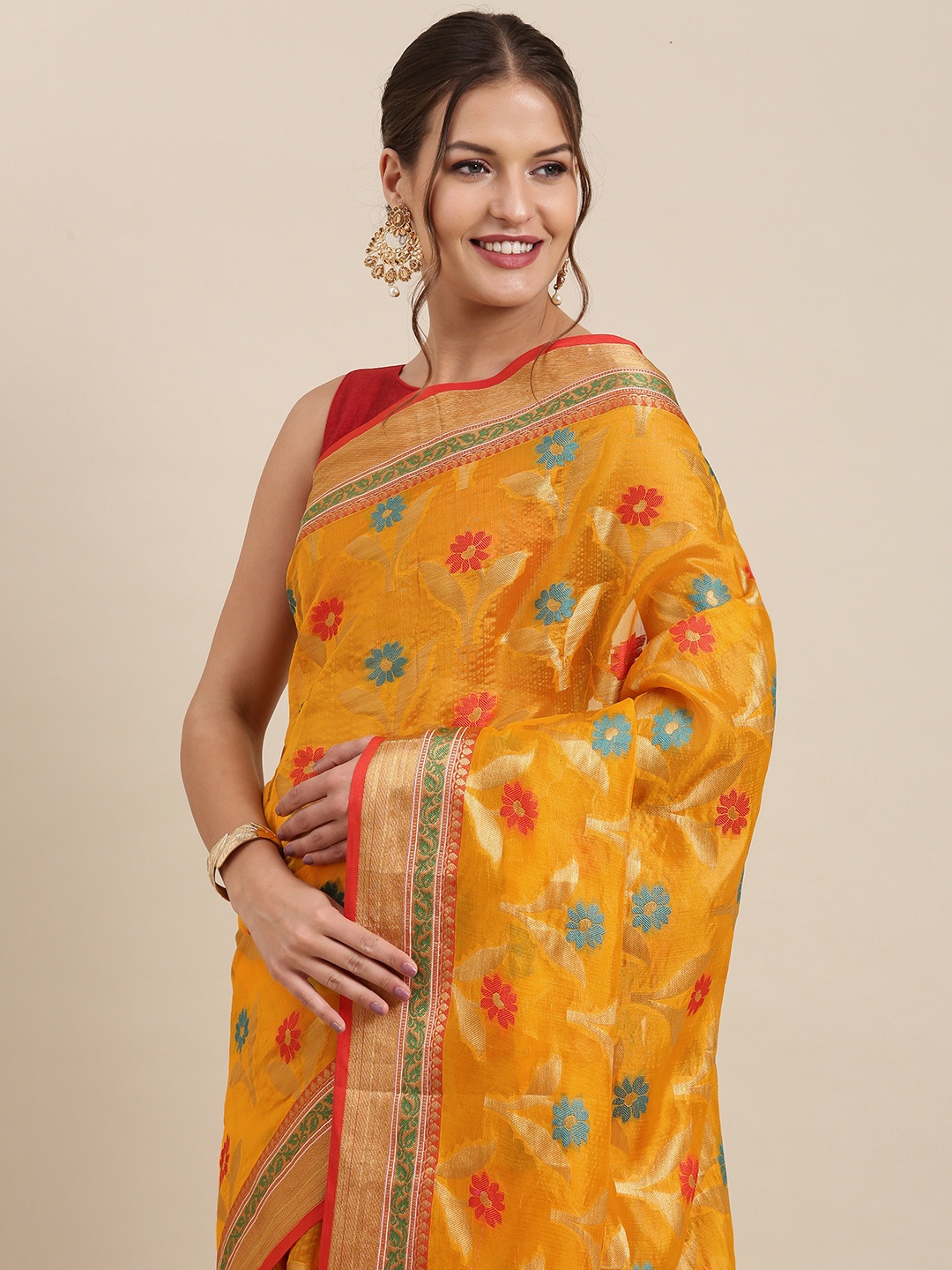 

PERFECTBLUE Mustard Yellow & Teal Blue Floral Silk Blend Kanjeevaram Saree