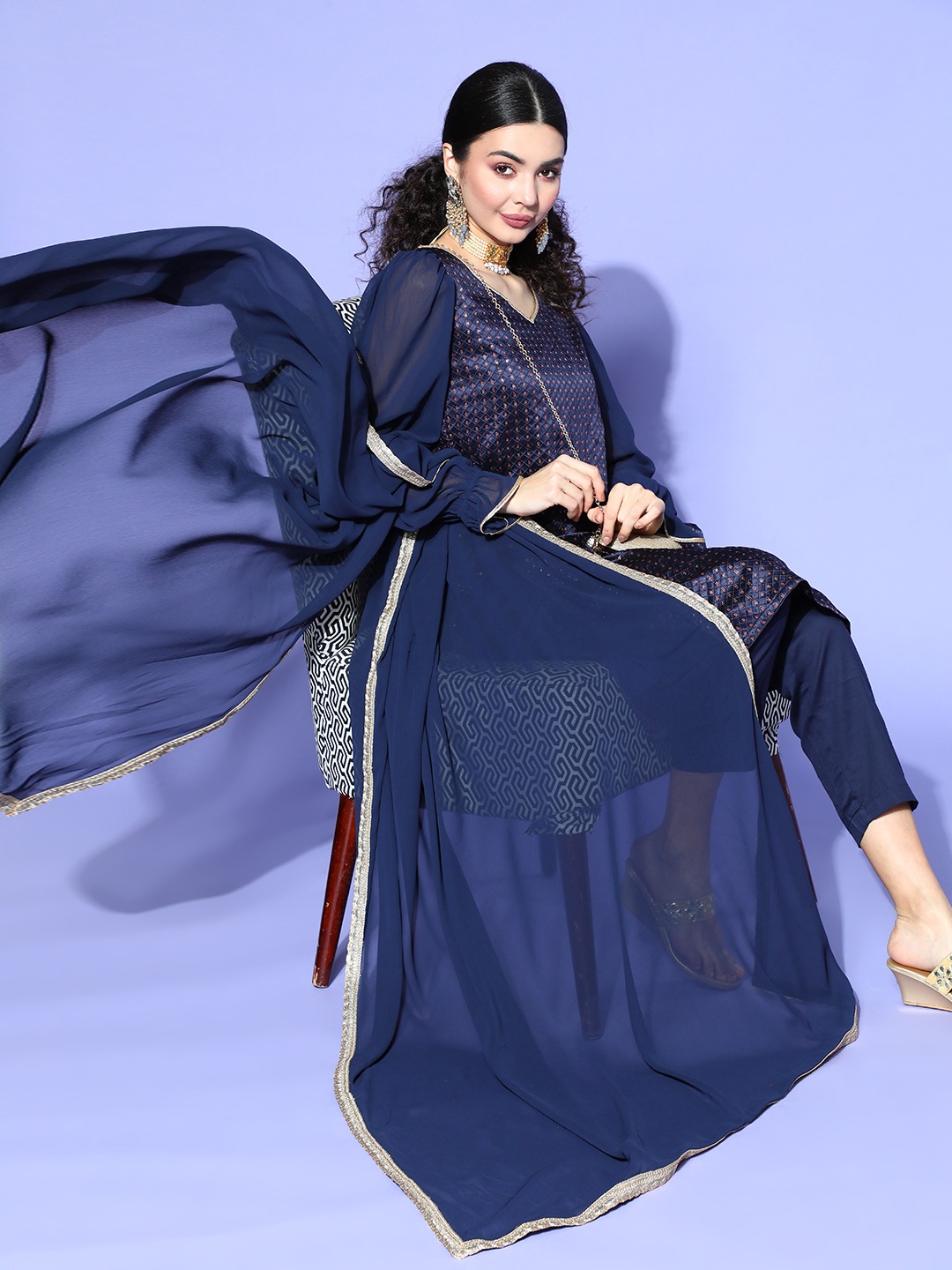 

Inddus Woven Design Silk Blend New Neckline Kurta Set, Navy blue