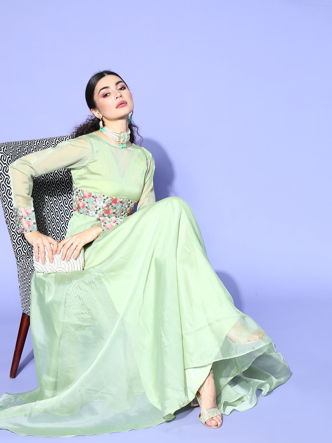 

Inddus Women Green Embellished Swirling Volume Dress