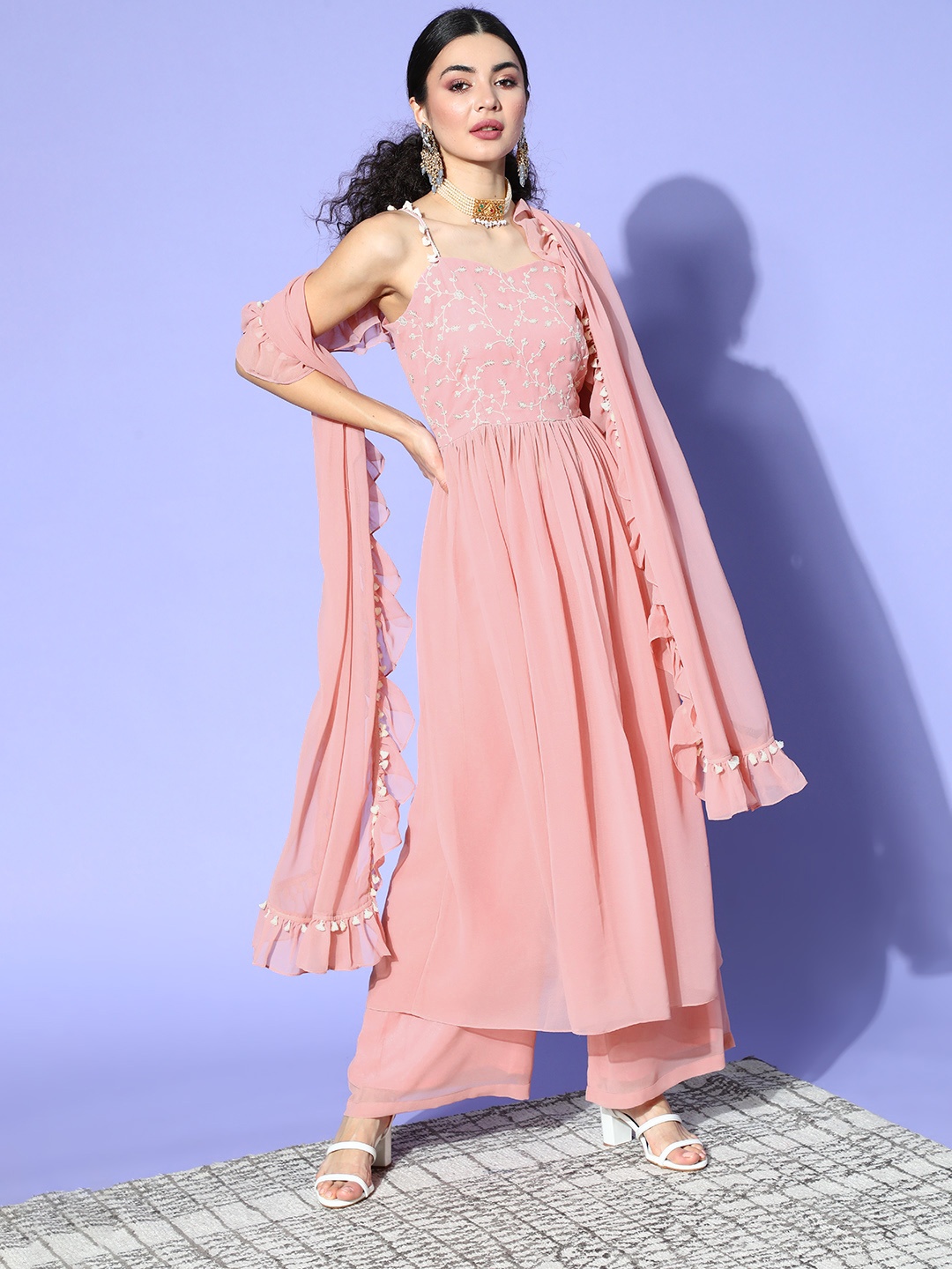 

Inddus Floral Poly-Georgette Gown for Days Kurta Set, Pink