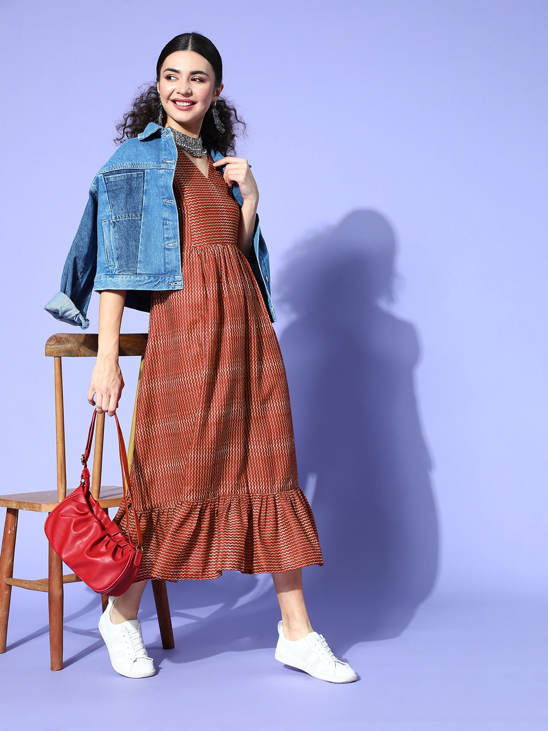 Inddus Women Charming Maroon Chevron Gown for Days