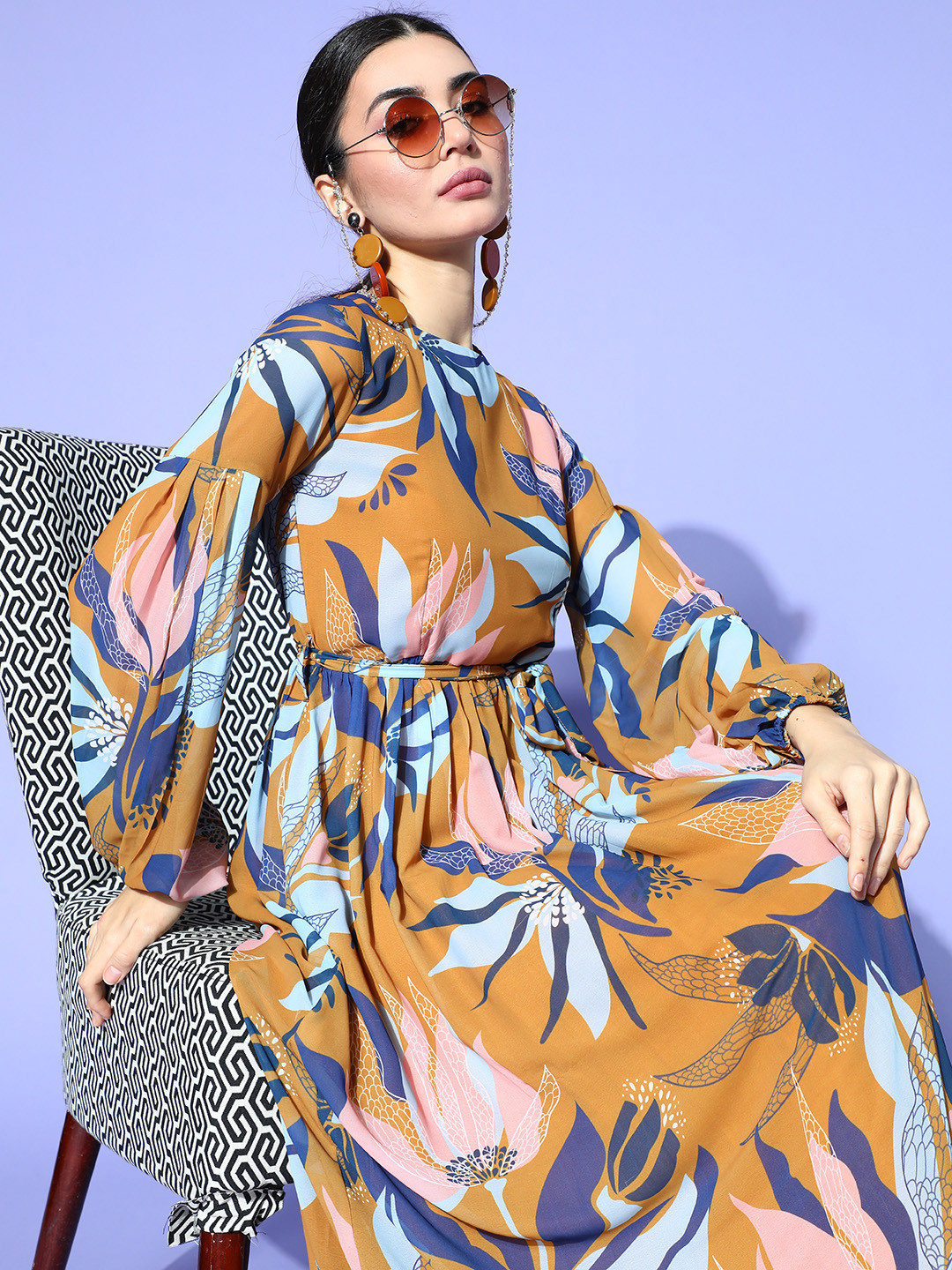 

Inddus Women Stylish Mustard Floral Gown for Days