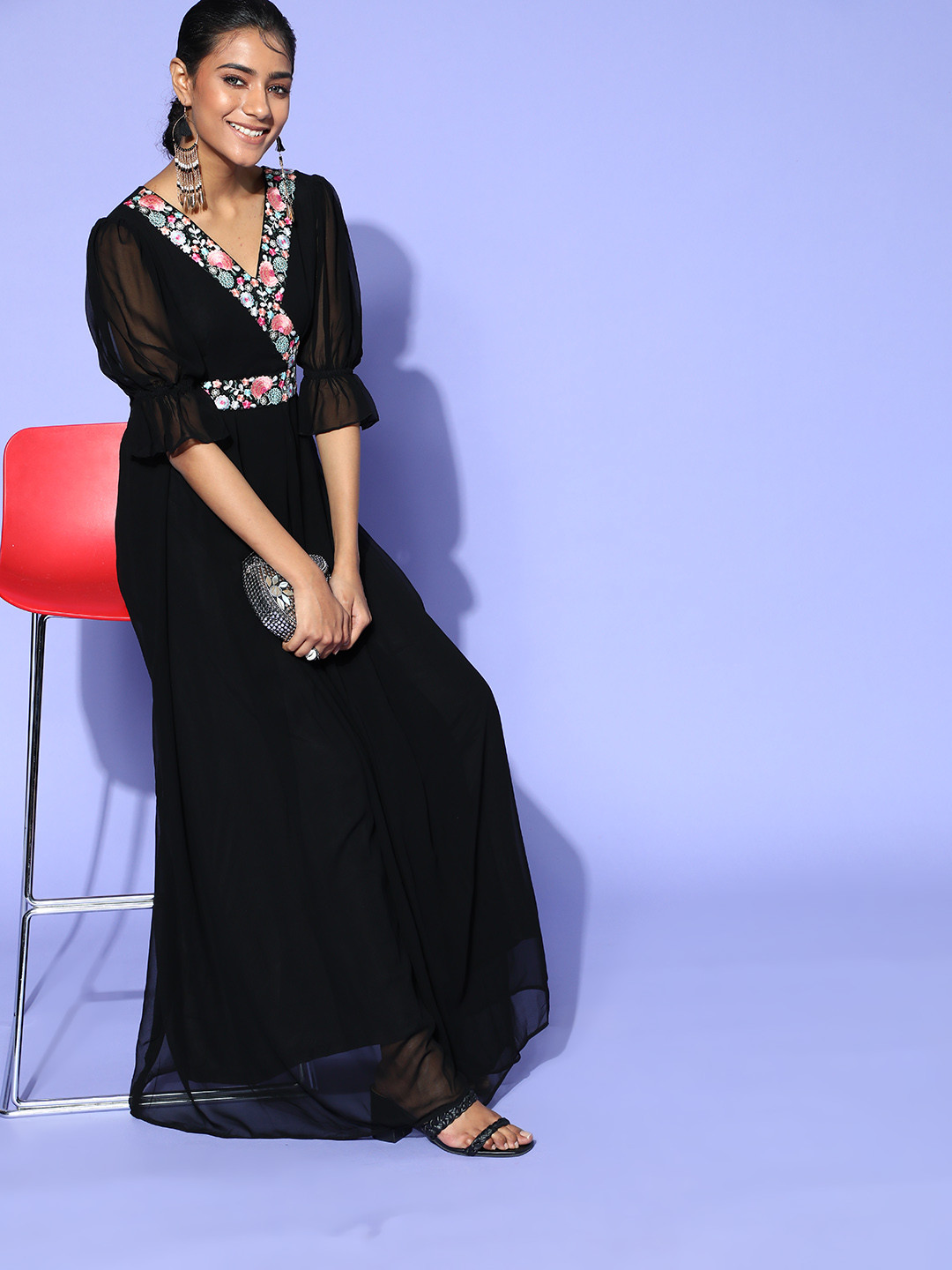 

Inddus Women Stylish Black Floral Gown for Days