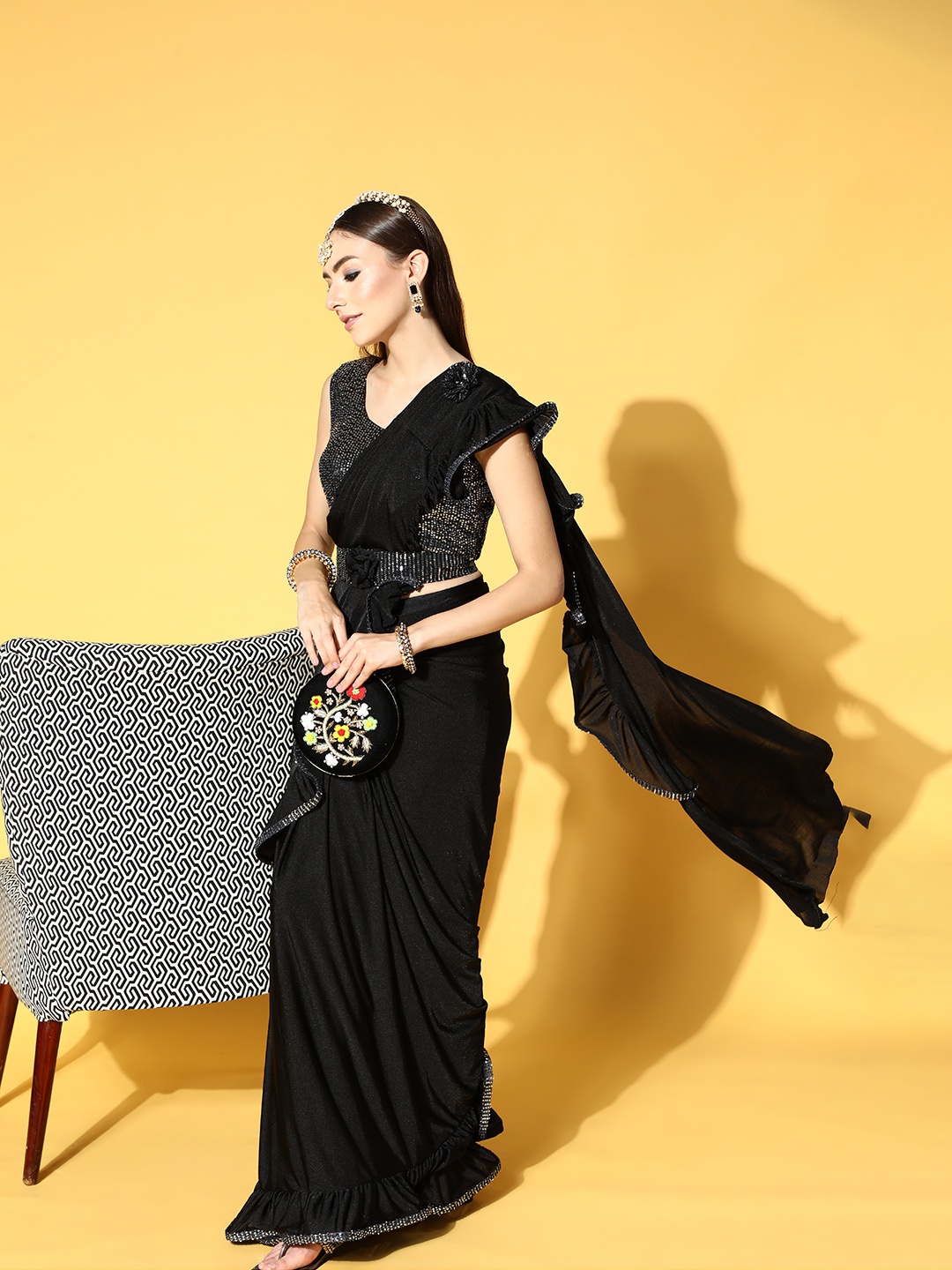 

Chhabra 555 Solid Saree with Embellished border, Black