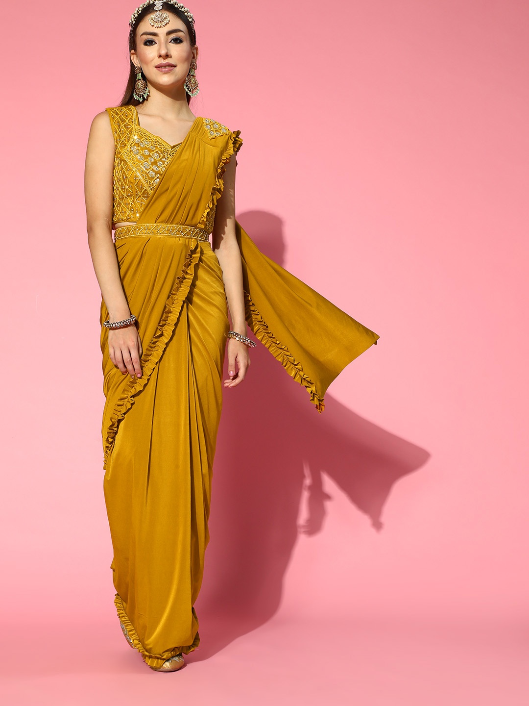 

Chhabra 555 Solid Saree with Embellished border, Mustard