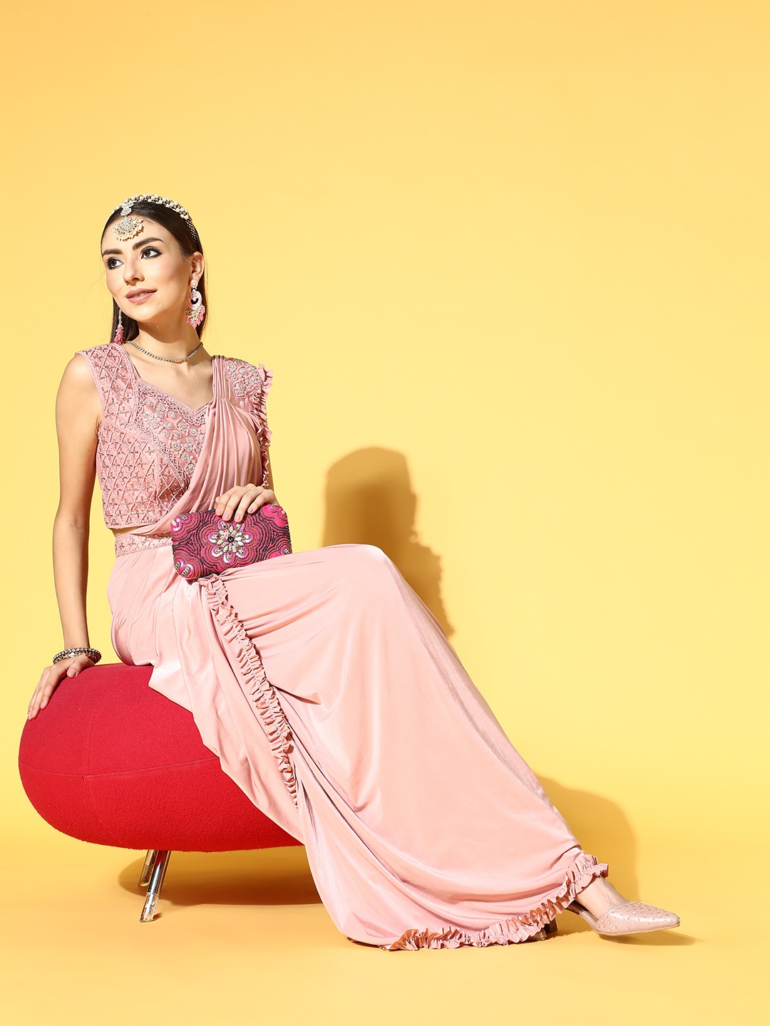 

Chhabra 555 Solid Saree with Solid border, Pink