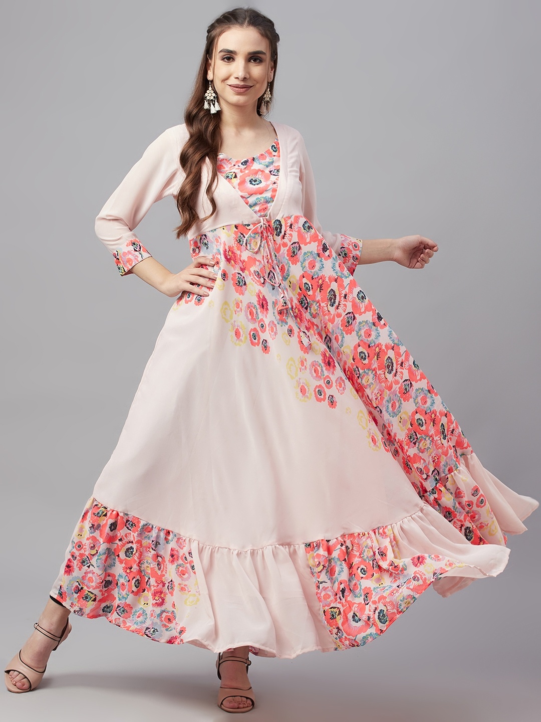 

MBE Women Peach-Coloured & Off White Floral Printed Floral Georgette Anarkali Kurta