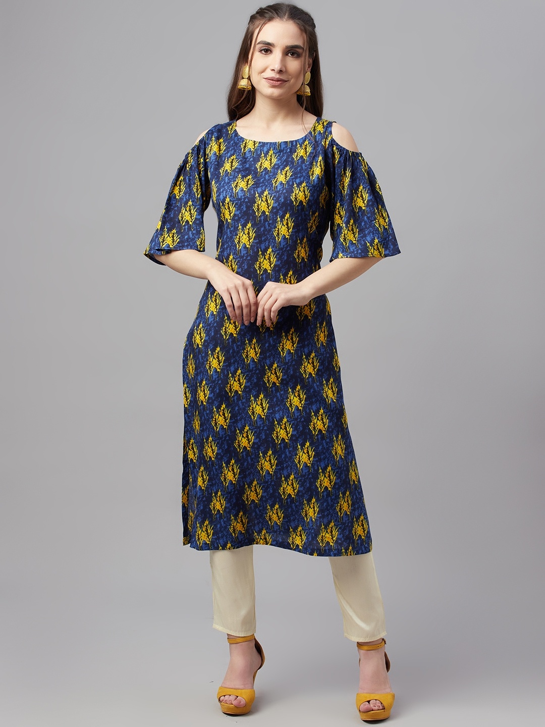 

MBE Women Blue & Yellow Ethnic Motifs Printed Cold-Shoulder Sleeves Floral Kurta