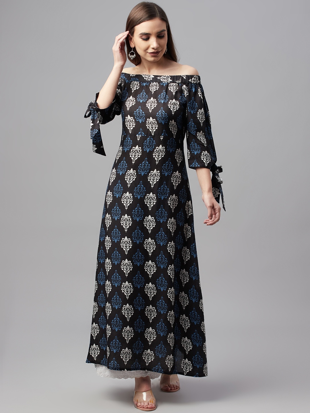 

MBE Women Black Ethnic Motifs Printed Off-Shoulder Indigo Kurta