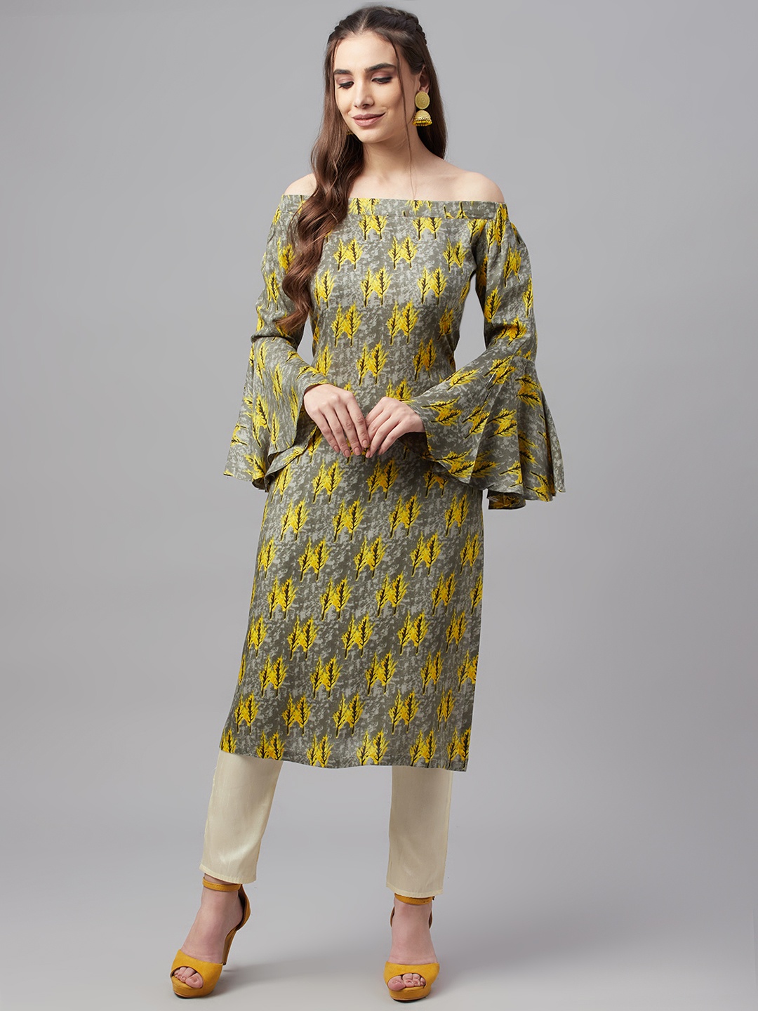 

MBE Women Green Ethnic Motifs Printed Off-Shoulder Flared Sleeves Floral Kurta