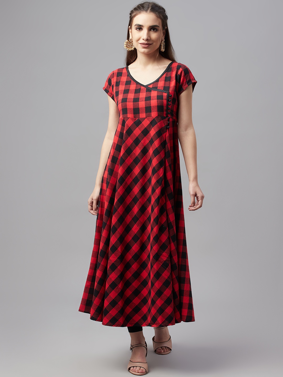 

MBE Women Red & Black Checked Anarkali Kurta