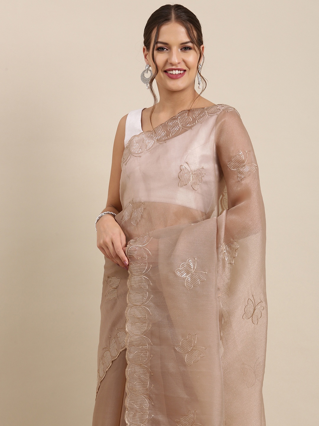 

PERFECTBLUE Dusky Pink Embellished Sequinned Organza Saree, Rose