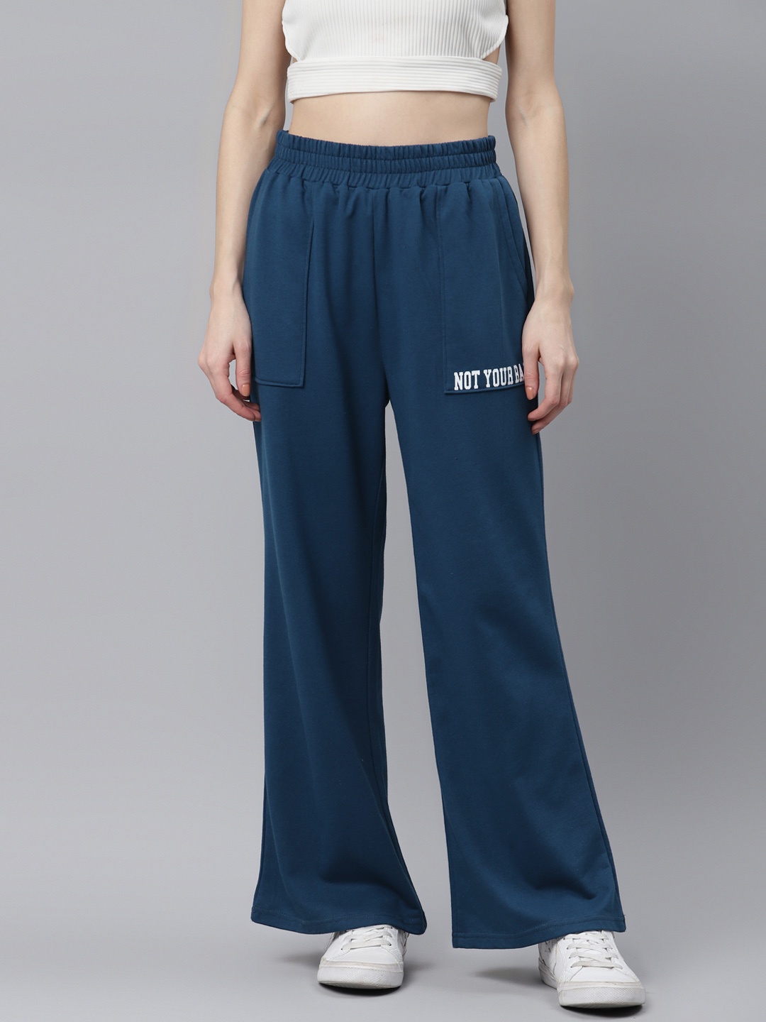 

Laabha Women Blue & White Typography Print Wide-Leg Track Pants