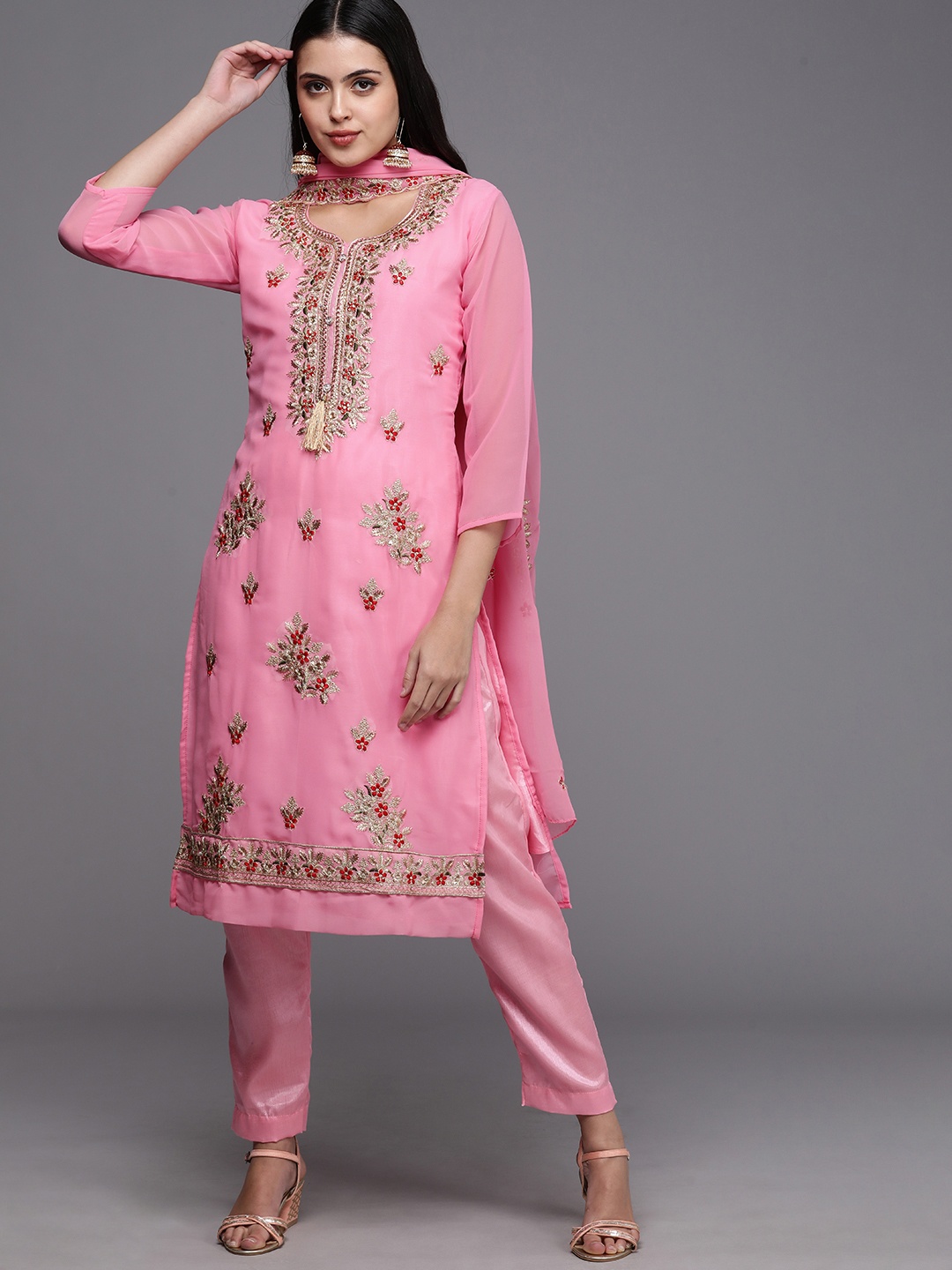

Mitera Pink & Golden Embroidered Unstitched Dress Material