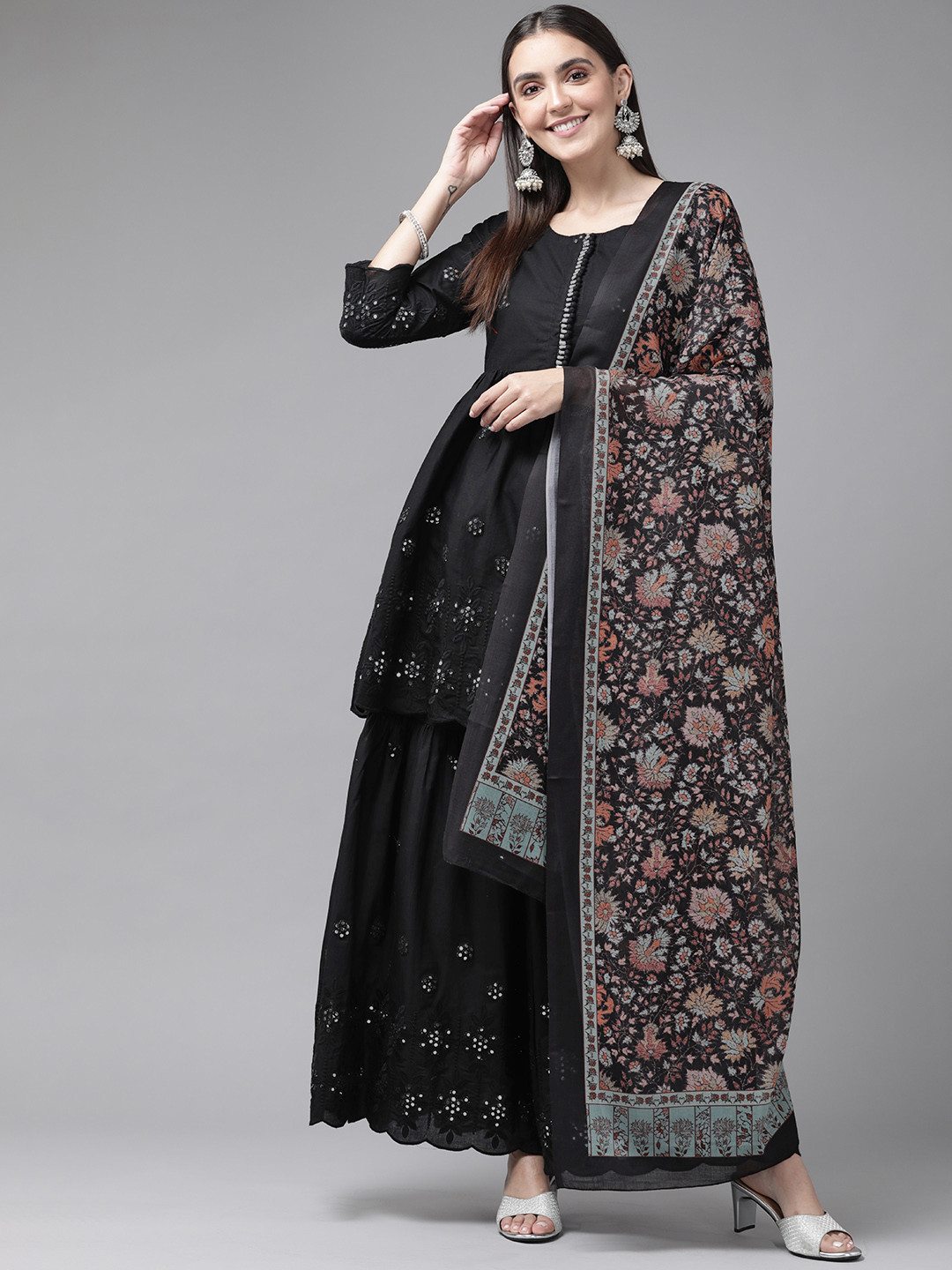 

Yufta Women Black Empire Mirror Work Pure Cotton Kurti with Sharara & With Dupatta