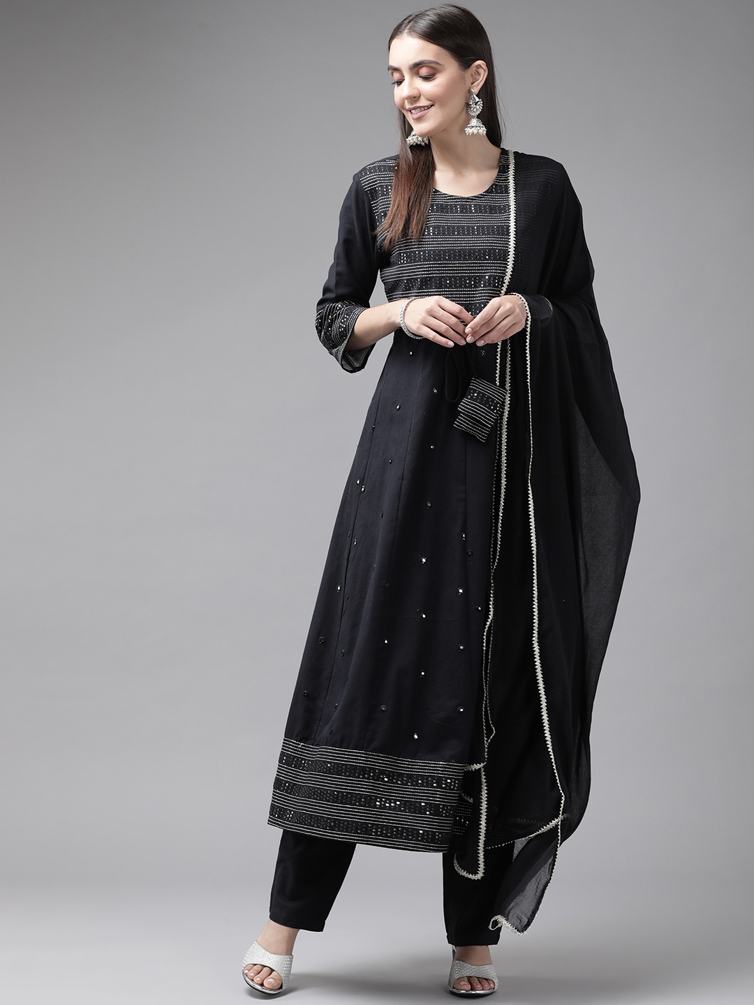 

Yufta Women Black Yoke Design Sequinned Pure Cotton Kurta with Palazzos & With Dupatta
