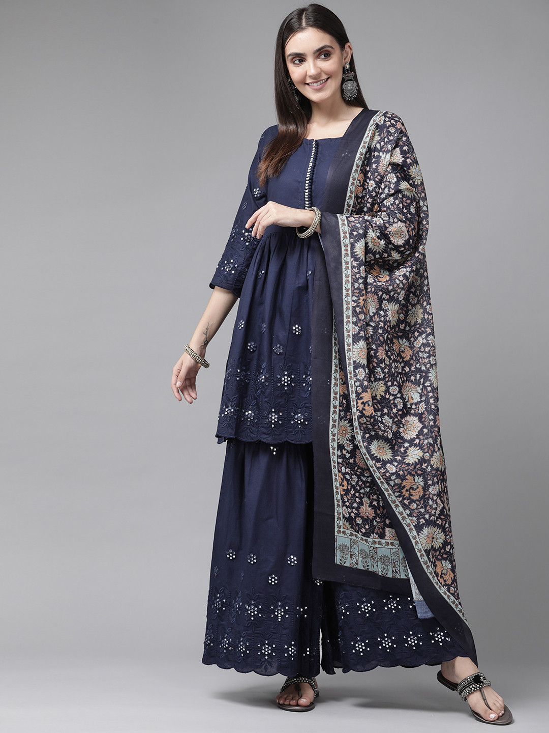 

Yufta Women Navy Blue Empire Mirror Work Pure Cotton Kurta with Sharara & With Dupatta