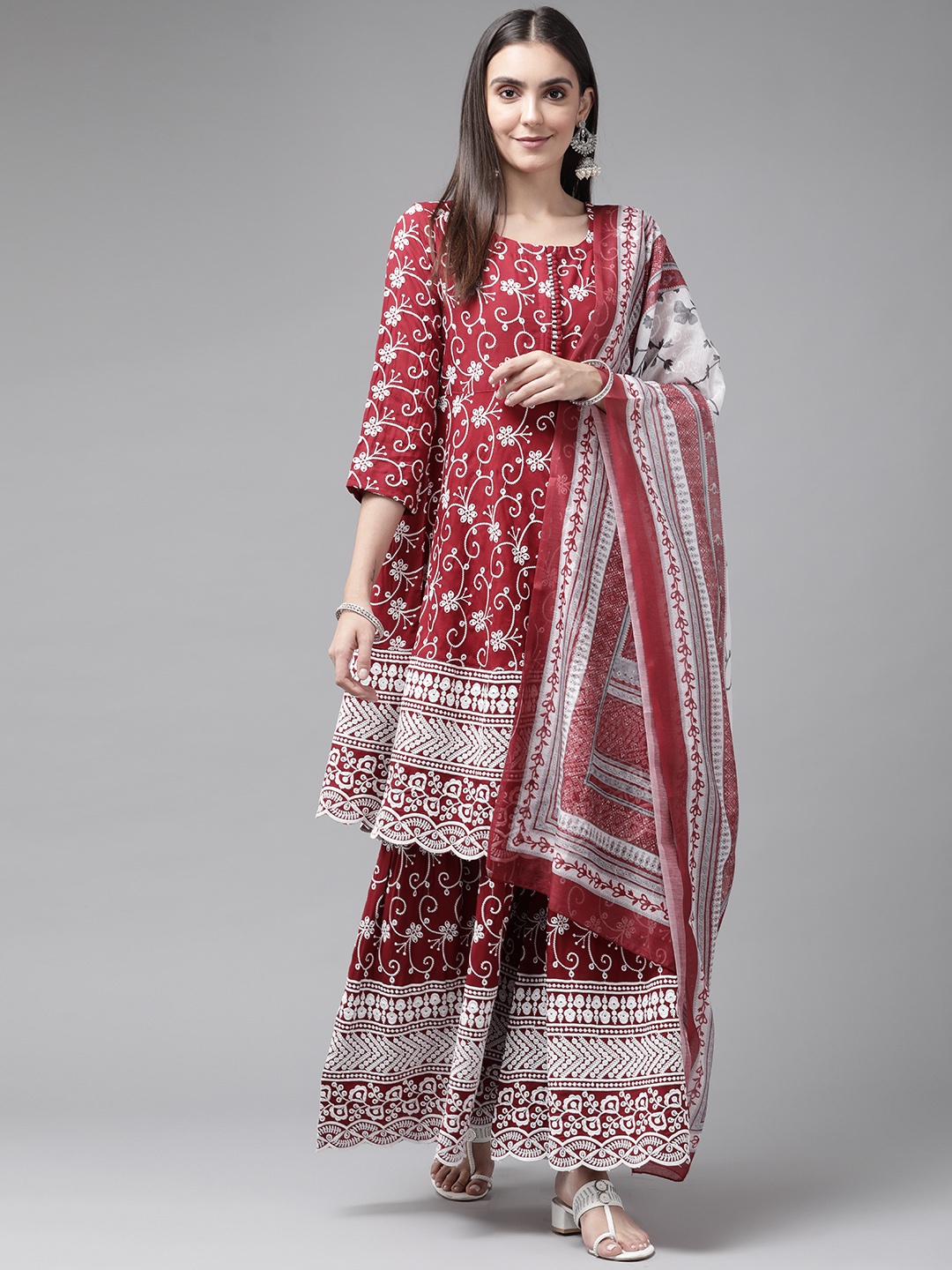 

Yufta Women Maroon Floral Empire Thread Work Kurta with Sharara & With Dupatta