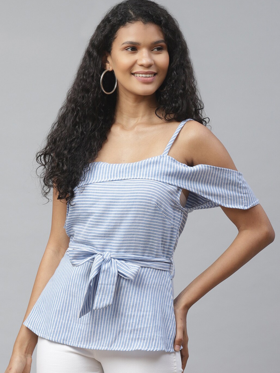 

Molly & Michel Blue Striped Crepe Cinched Waist Top