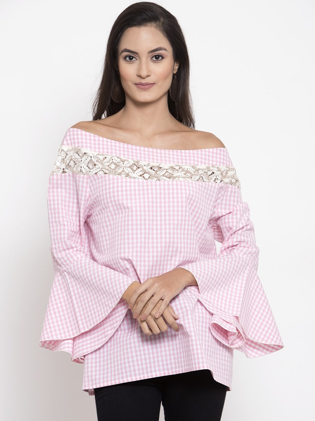 

Molly & Michel Pink Checked Off-Shoulder Crepe Bardot Top