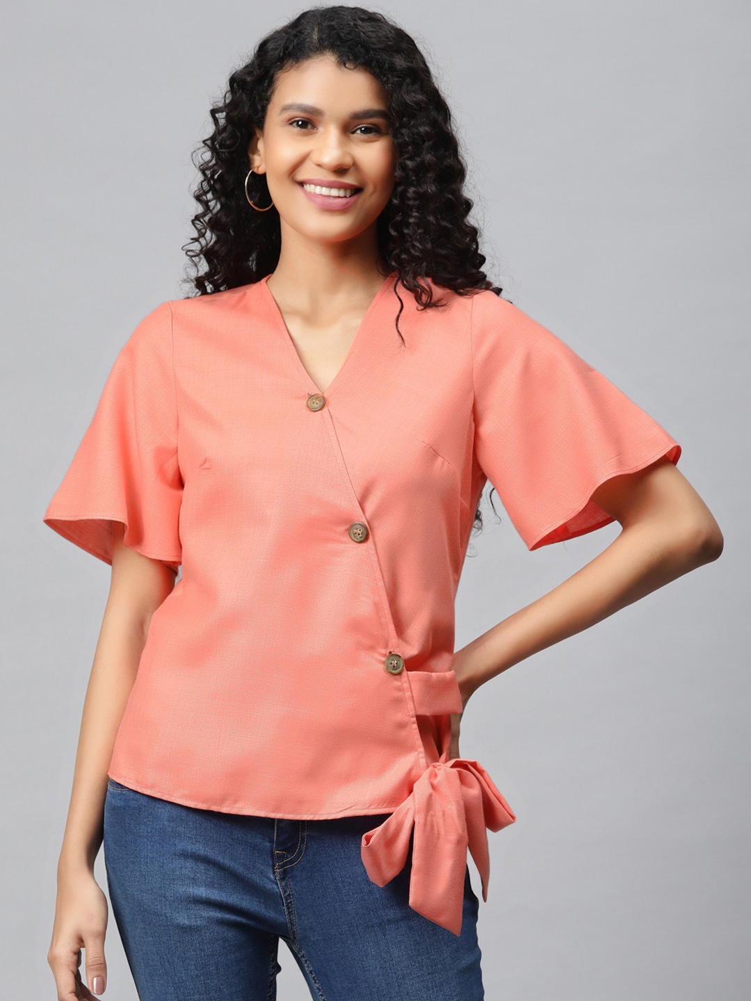 

Molly & Michel Pink Solid Crepe Wrap Top