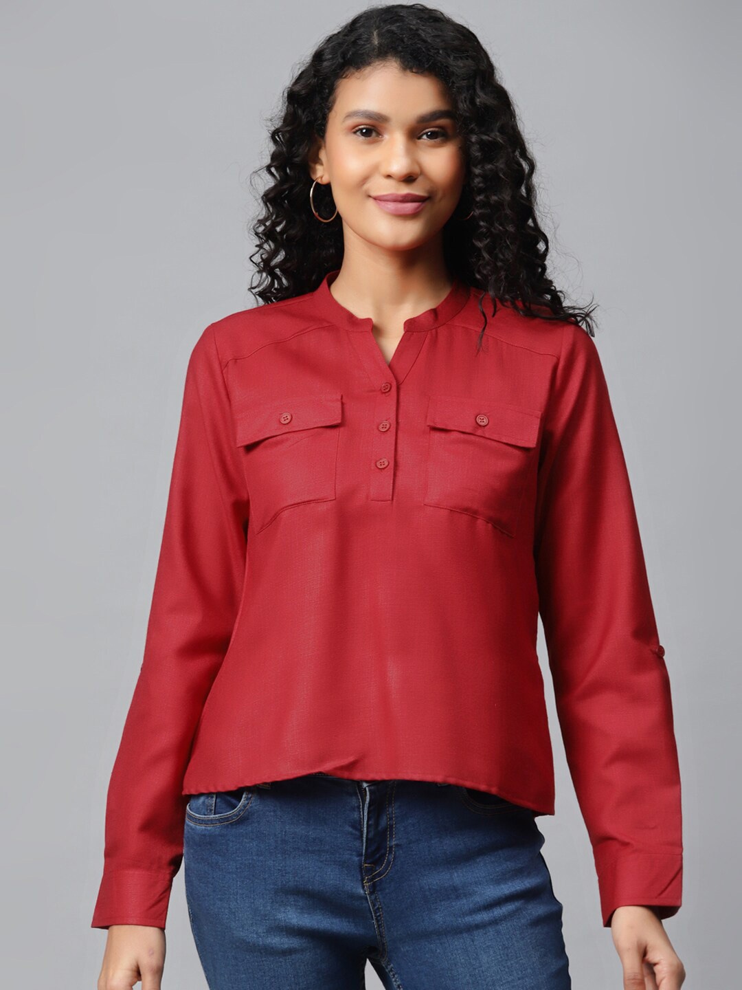 

Molly & Michel Red Mandarin Collar Crepe Shirt Style Top