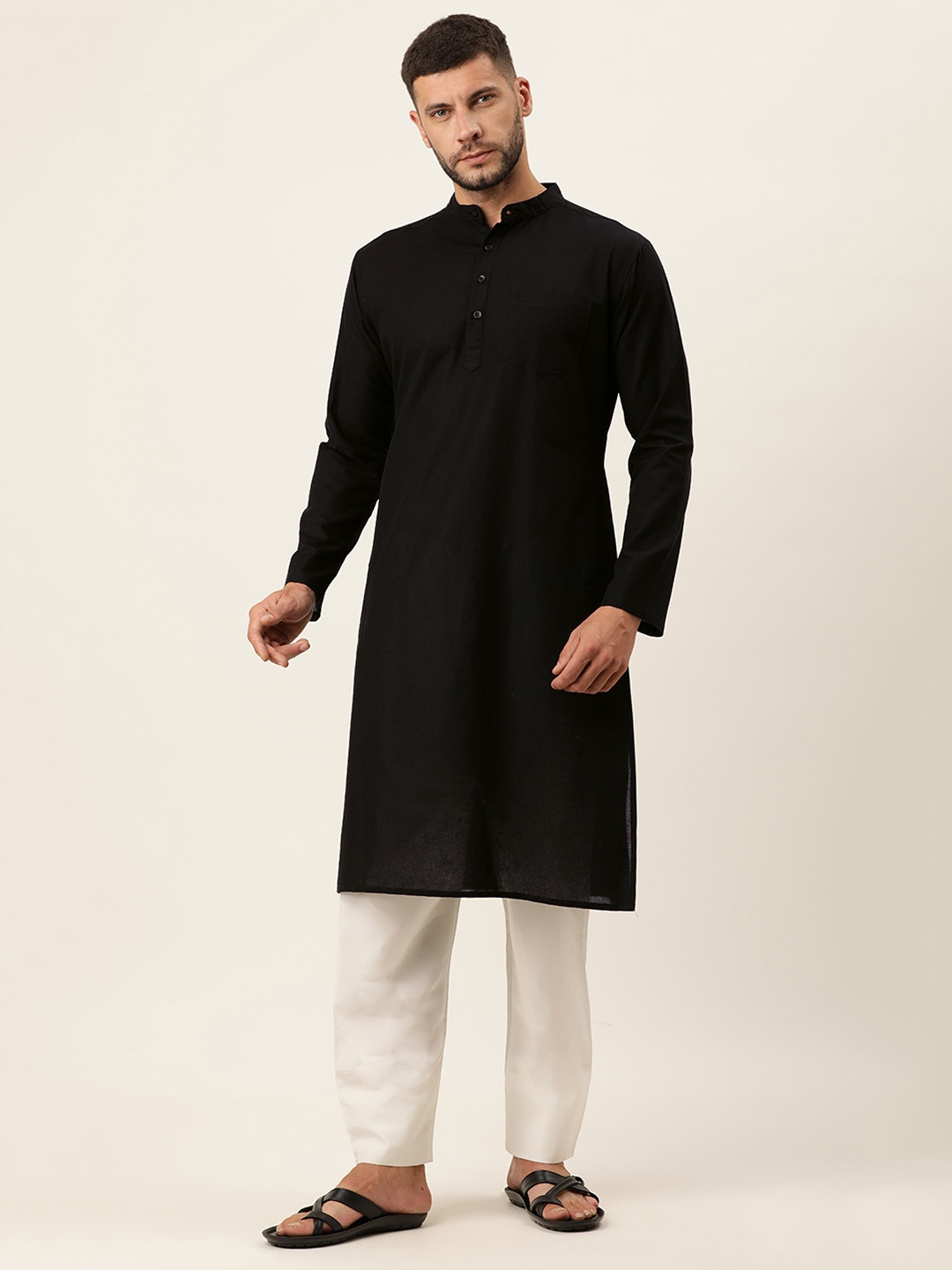 

Kryptic Men Black Solid Cotton Straight Kurta