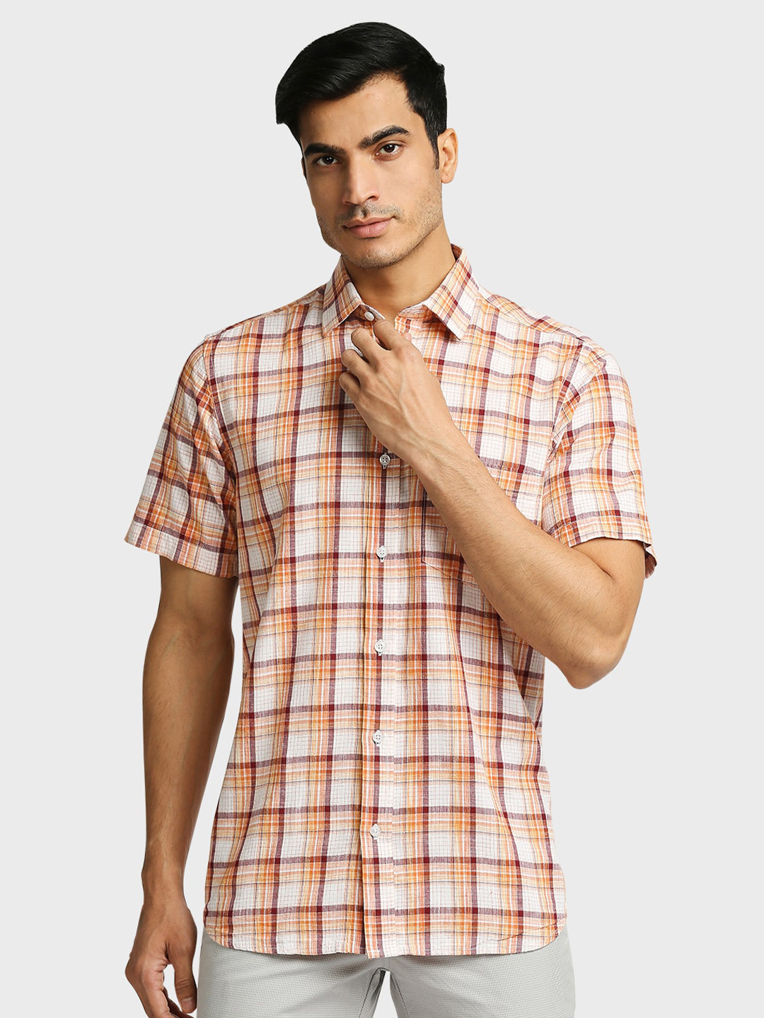 

ColorPlus Men Orange Tailored Fit Checked Casual Shirt