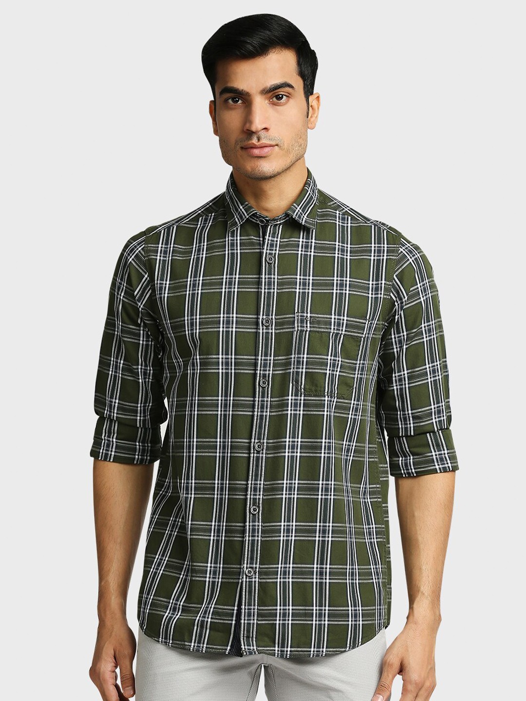 

ColorPlus Men Olive Green Tartan Checks Cotton Casual Shirt