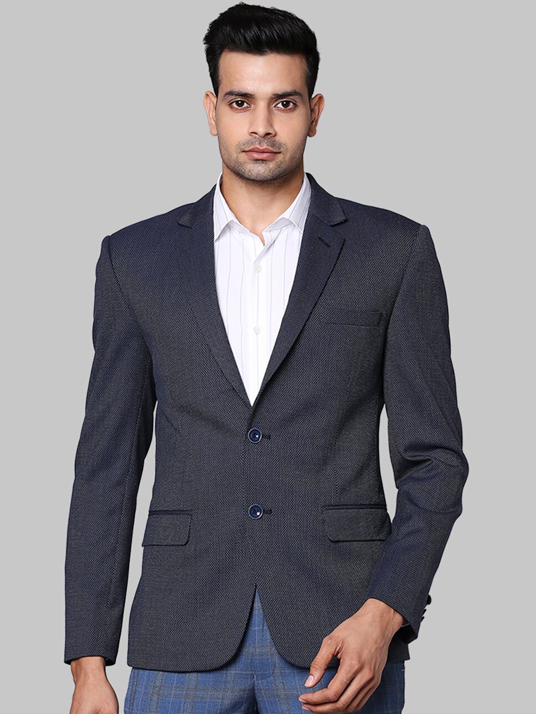 

Park Avenue Men Dark Blue Self-Design Single-Breasted Formal Blazer