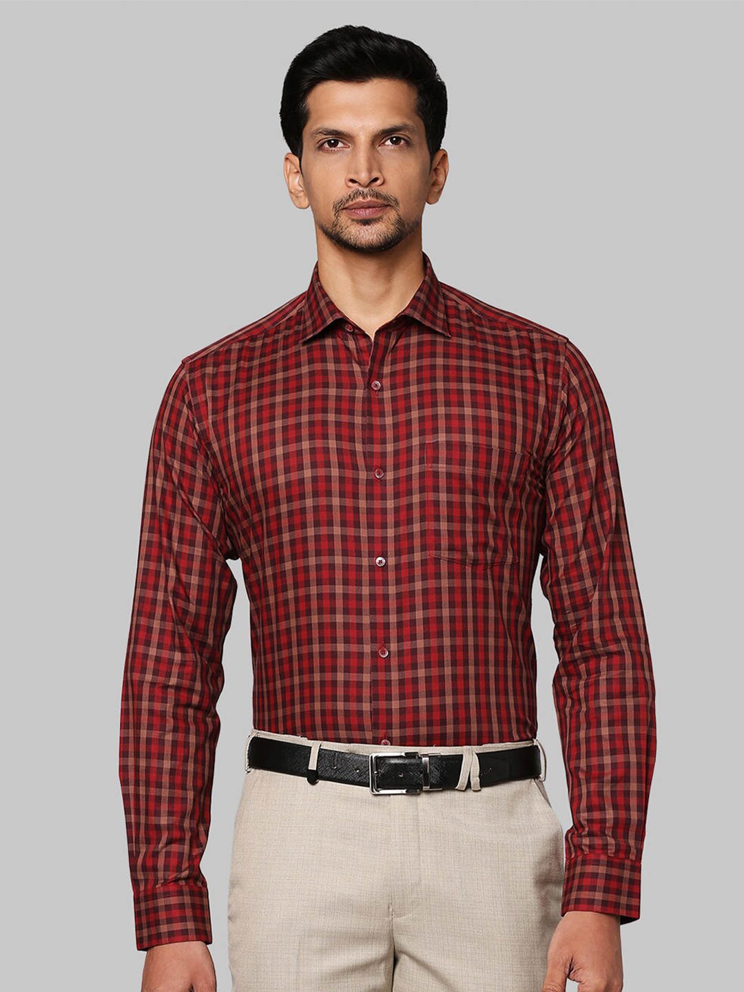 

Park Avenue Men Maroon & Coral Orange Slim Fit Checked Cotton Formal Shirt