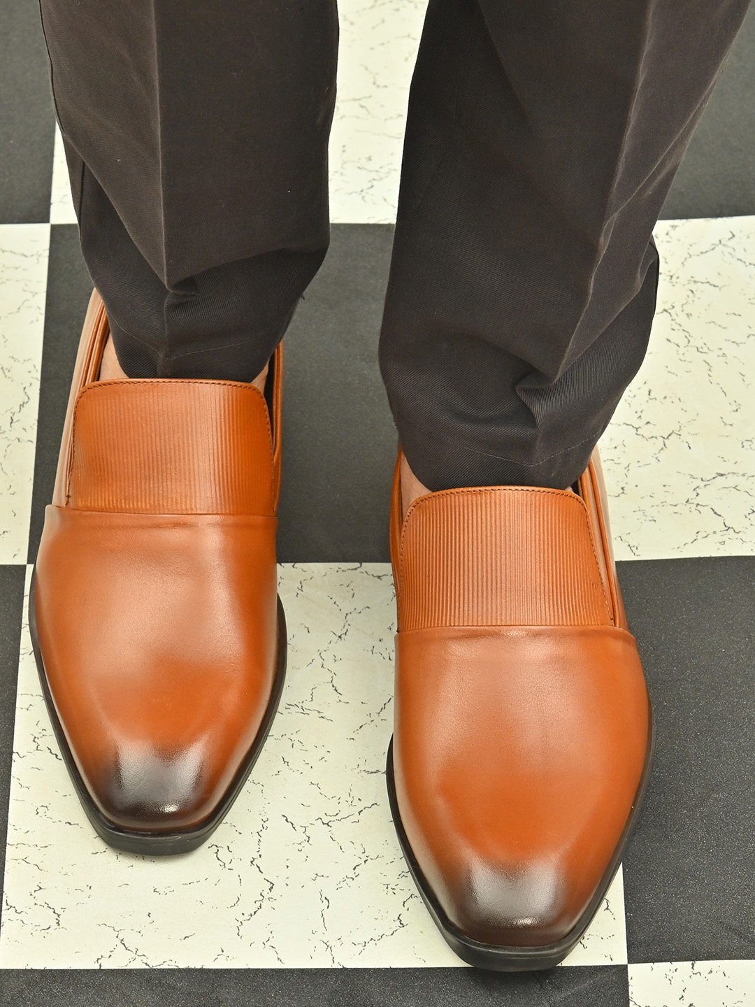 

San Frissco Men Tan Solid Leather Formal Slip-on Shoes