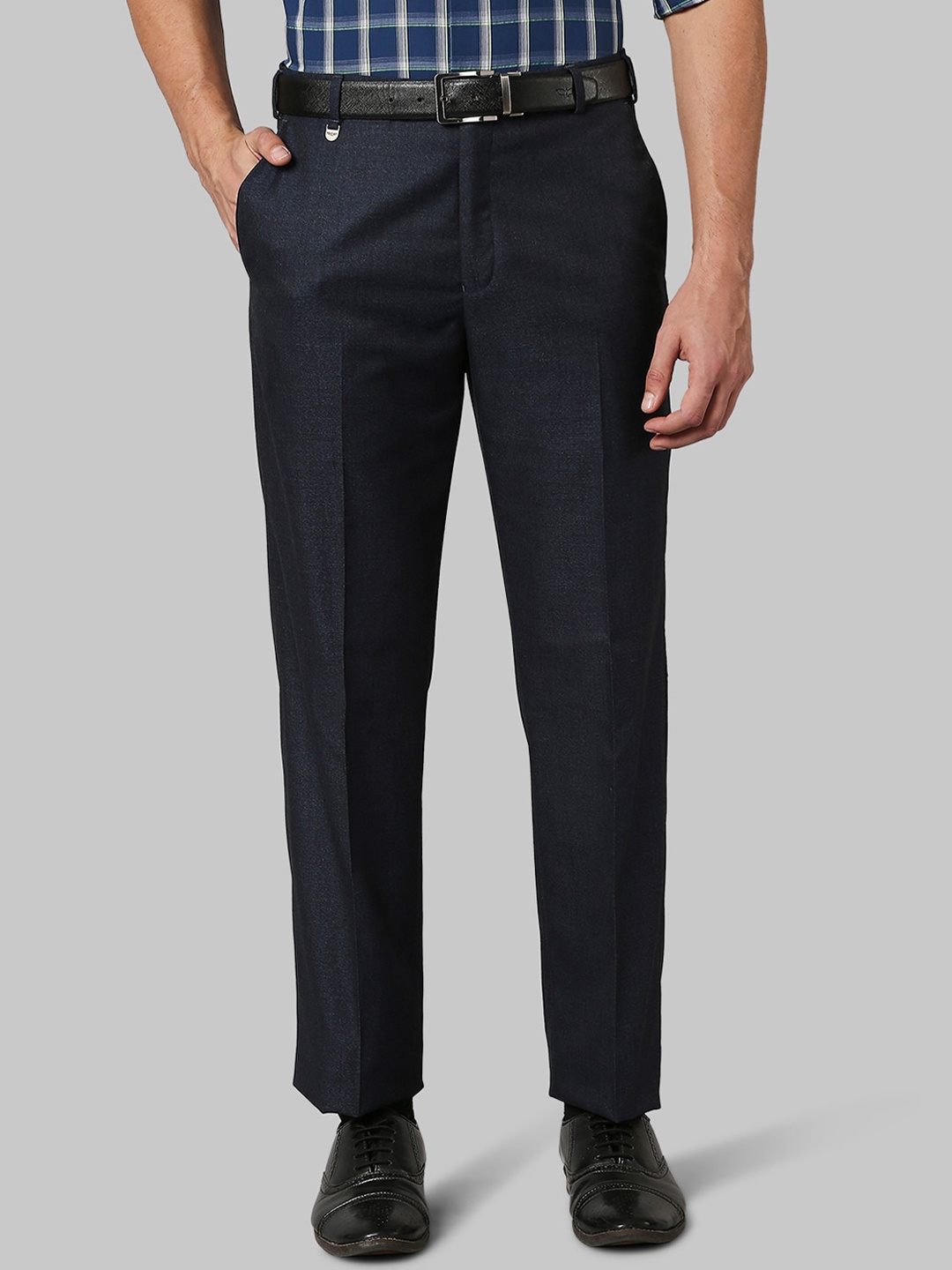 

Park Avenue Men Blue Solid Mid-Rise Regular-Fit Formal Trousers