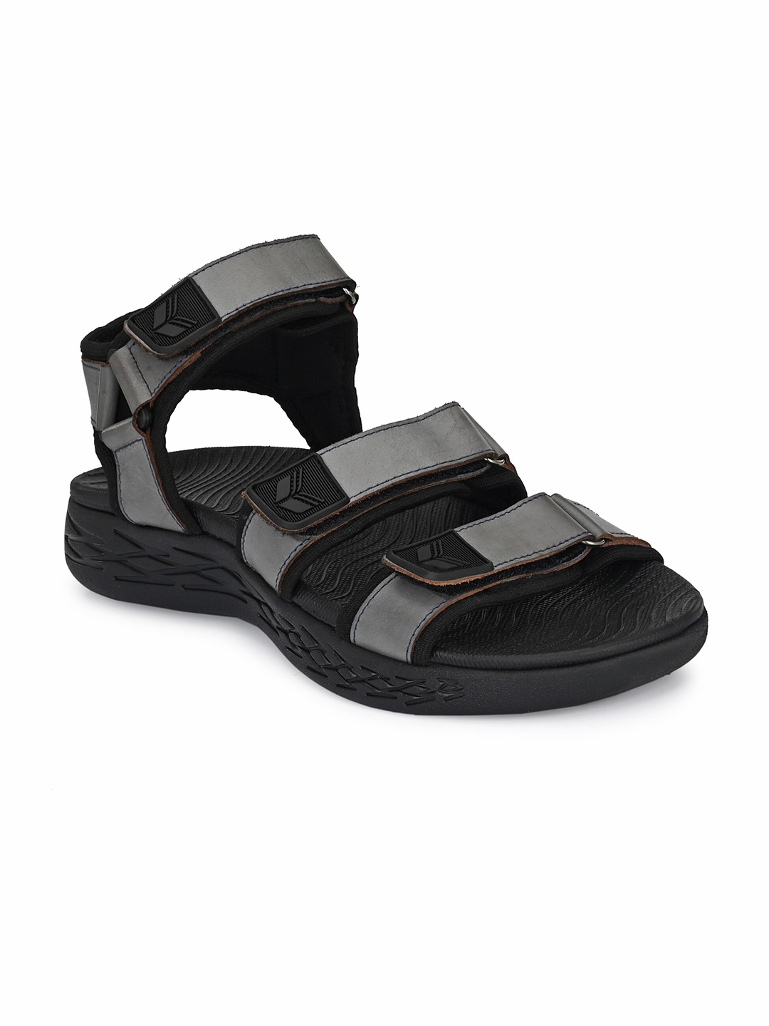 

Delize Men Grey & Black Leather Comfort Sandals