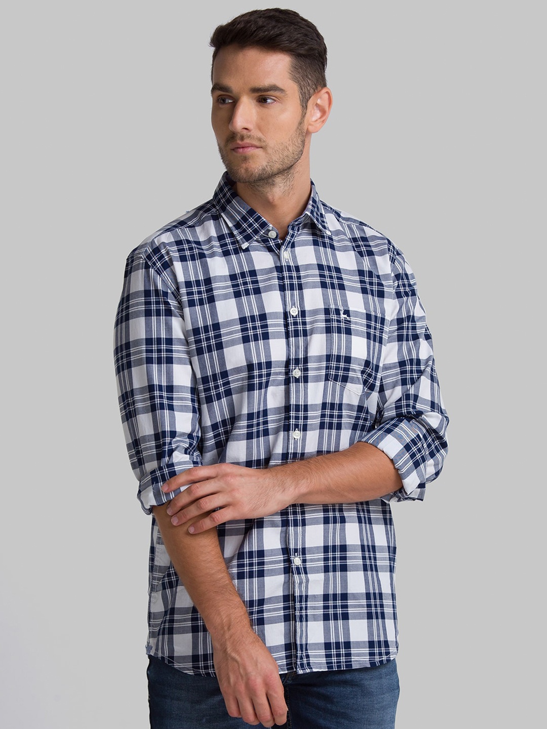 

Parx Men White & Navy Blue Slim Fit Tartan Checks Checked Casual Shirt