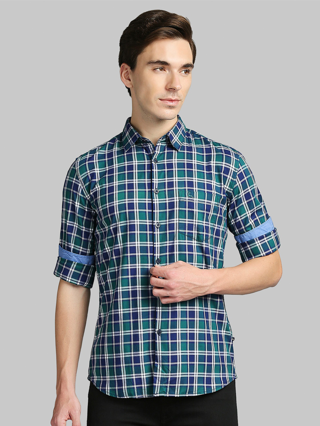 

Parx Men Green & Navy Blue Slim Fit Tartan Checks Casual Shirt