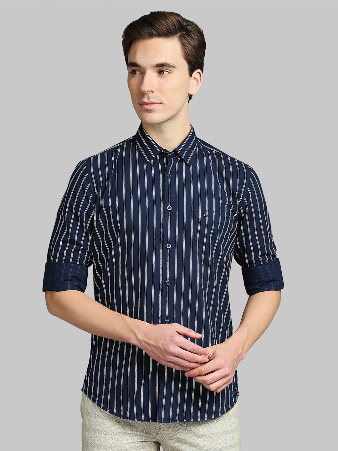 

Parx Men Blue Slim Fit Striped Cotton Casual Shirt