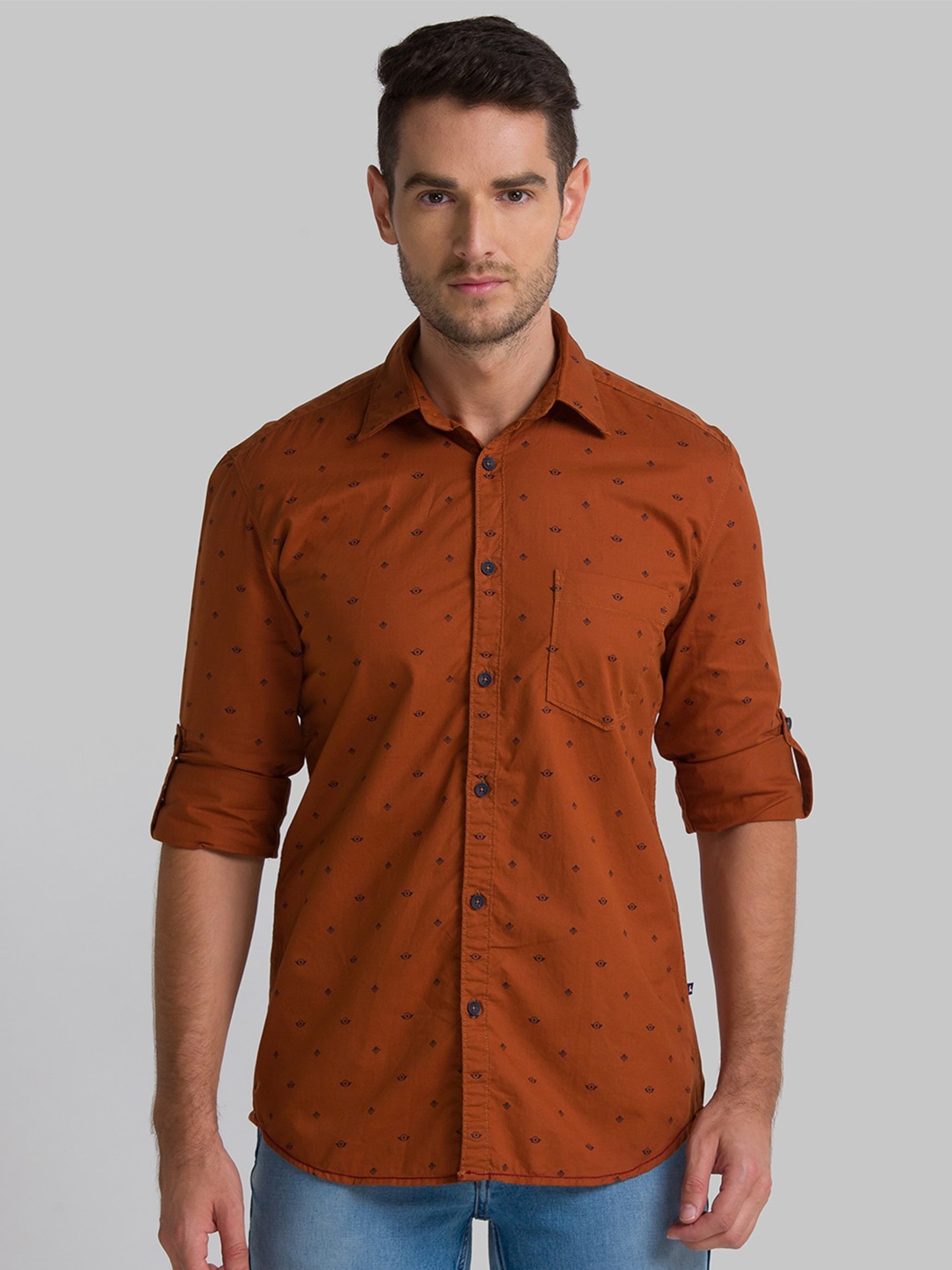 

Parx Men Beige Slim Fit Printed Cotton Casual Shirt