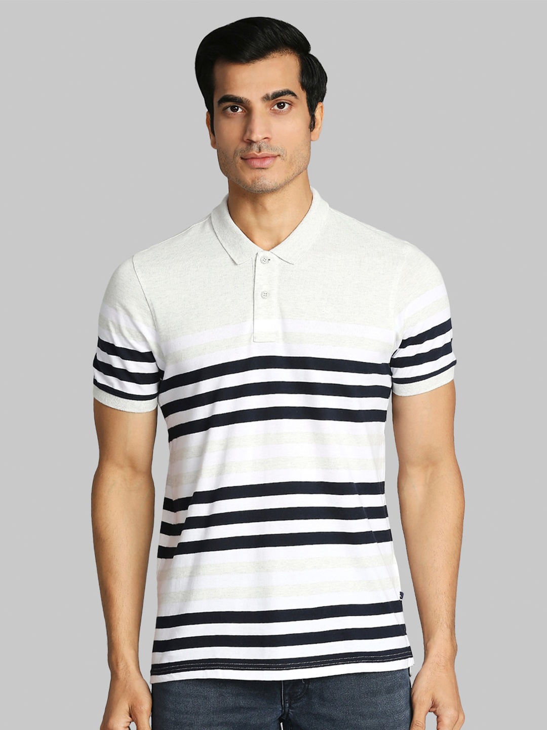 

Parx Men Grey & Black Striped Polo Collar Cotton T-shirt